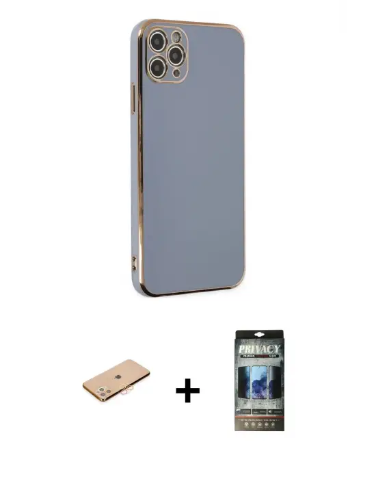 ieg™ iPhone 11 Pro Max Kılıf Yankı Serisi - Siyah 34D Hayalet Izgaralı Cam + Renkli Kamera Lens Koruma Cam - TU