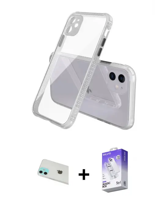 ieg™ iPhone 12 Kılıf Nova Asil Özel Seri - Siyah Bilvis 5in1 3D Magic Cam Ekran Koruyucu + Rainbow Kamera Lens Koruma Cam - YL