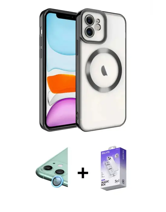 ieg™ iPhone 12 Kılıf Nova Işık Özel Seri - Siyah Bilvis 5in1 3D Magic Cam Ekran Koruyucu + Raze Metal Kamera Lens - MI