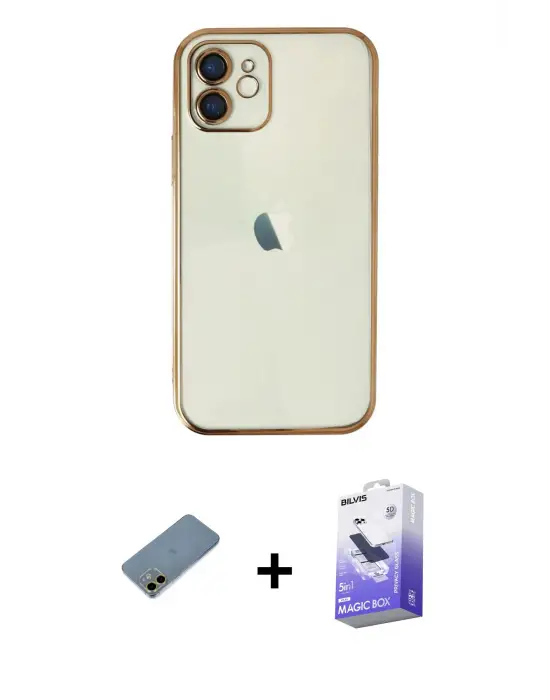 ieg™ iPhone 12 Kılıf Vadi Minimal - Siyah Bilvis 5in1 5D Magic Hayalet Cam Ekran Koruyucu + Shine Kamera Lens Koruma Cam - GD