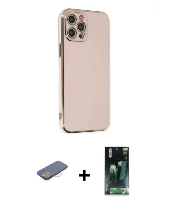 ieg™ iPhone 12 Pro Kılıf Yankı Serisi - Şeffaf 360 Full Body Arka Koruyucu + Renkli Kamera Lens Koruma Cam - PE
