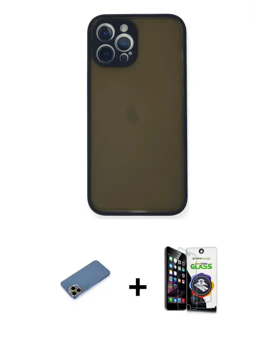 ieg™ iPhone 12 Pro Max Kılıf Ahenk Çizgi Serisi - Şeffaf Temperli Cam Ekran Koruyucu + Shine Kamera Lens Koruma Cam - GD