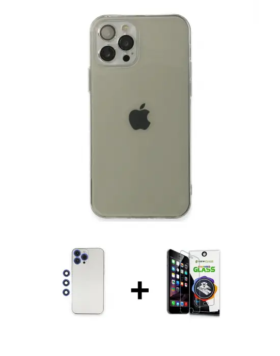 ieg™ iPhone 12 Pro Max Kılıf Ahenk Doku - Şeffaf Temperli Cam Ekran Koruyucu + Shine Kamera Lens - LT