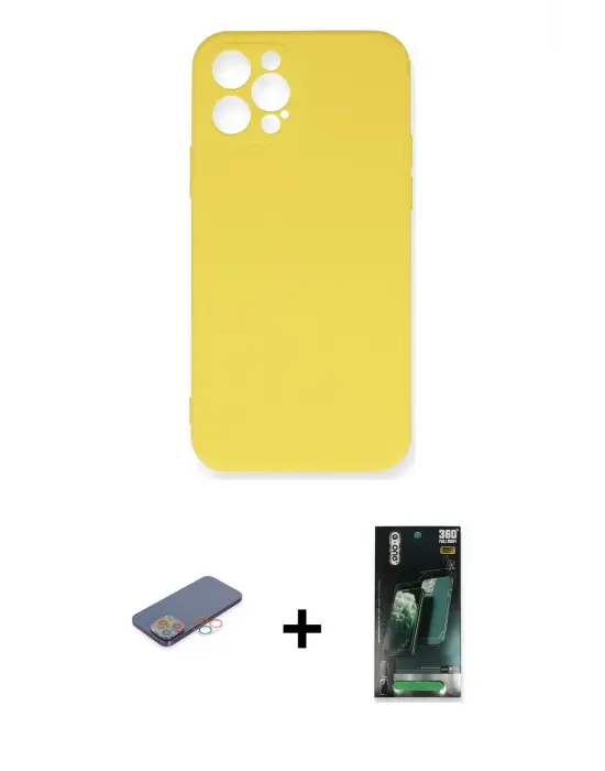 ieg™ iPhone 12 Pro Max Kılıf Ahenk Serisi - Şeffaf 360 Full Body Arka Koruyucu + Renkli Kamera Lens Koruma Cam - PE