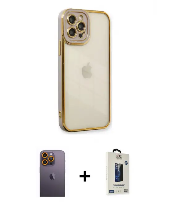 ieg™ iPhone 12 Pro Max Kılıf Çekirdek Klasik Serisi - Siyah Bilvis Hayalet Cam Ekran Koruyucu + Neon Fosforlu Kamera Lens - SI