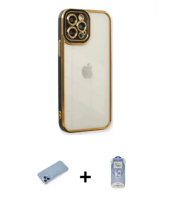 ieg™ iPhone 12 Pro Max Kılıf Çekirdek Klasik Serisi - Siyah Joko Magic 5D Cam + Shine Kamera Lens Koruma Cam - MI