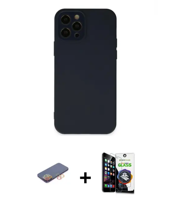 ieg™ iPhone 12 Pro Max Kılıf Çekirdek Modern Serisi - Şeffaf Temperli Cam Ekran Koruyucu + Renkli Kamera Lens Koruma Cam - TU