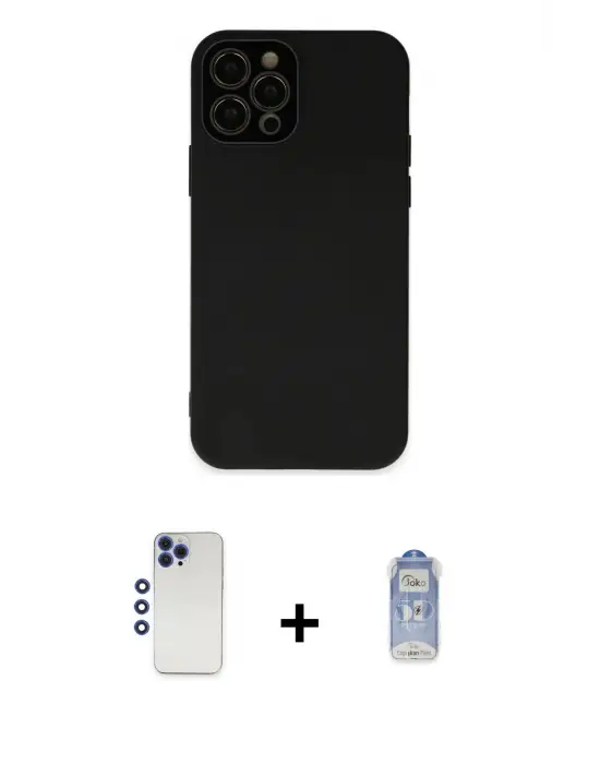 ieg™ iPhone 12 Pro Max Kılıf Çekirdek Modern Serisi - Siyah Joko Magic 5D Cam + Shine Kamera Lens - LT
