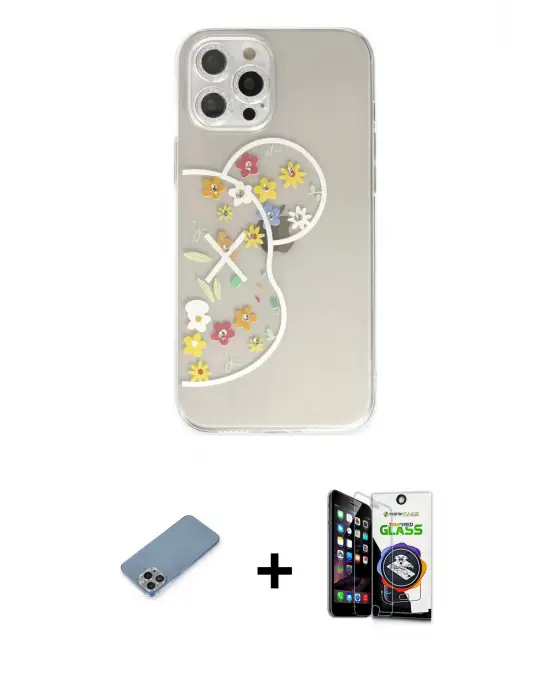 ieg™ iPhone 12 Pro Max Kılıf Eksen Asil Prime - Şeffaf Temperli Cam Ekran Koruyucu + Shine Kamera Lens Koruma Cam - GI