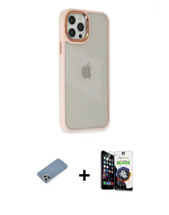 ieg™ iPhone 12 Pro Max Kılıf Eksen Doku Prime - Şeffaf Temperli Cam Ekran Koruyucu + Shine Kamera Lens Koruma Cam - GS