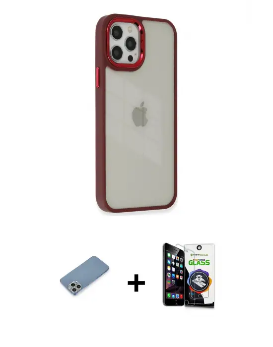 ieg™ iPhone 12 Pro Max Kılıf Eksen Doku Prime - Şeffaf Temperli Cam Ekran Koruyucu + Shine Kamera Lens Koruma Cam - GS