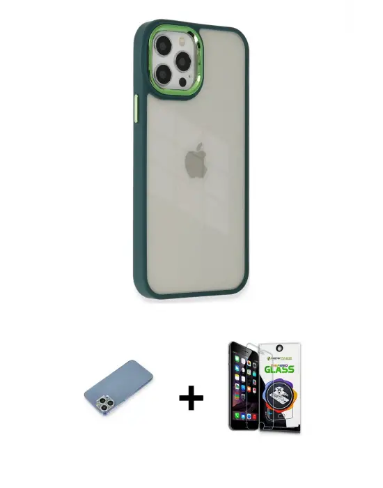 ieg™ iPhone 12 Pro Max Kılıf Eksen Doku Prime - Şeffaf Temperli Cam Ekran Koruyucu + Shine Kamera Lens Koruma Cam - GS