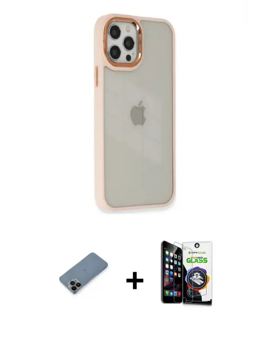 ieg™ iPhone 12 Pro Max Kılıf Eksen Doku Prime - Şeffaf Temperli Cam Ekran Koruyucu + Shine Kamera Lens Koruma Cam - SH