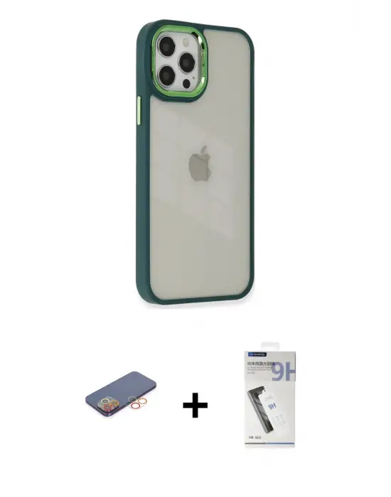 ieg™ iPhone 12 Pro Max Kılıf Eksen Doku Prime - Şeffaf Uv Polymer Nano Ekran Koruyucu + Renkli Kamera Lens Koruma Cam - TU