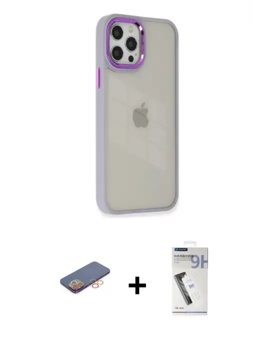 ieg™ iPhone 12 Pro Max Kılıf Eksen Doku Prime - Şeffaf Uv Polymer Nano Ekran Koruyucu + Renkli Kamera Lens Koruma Cam - TU