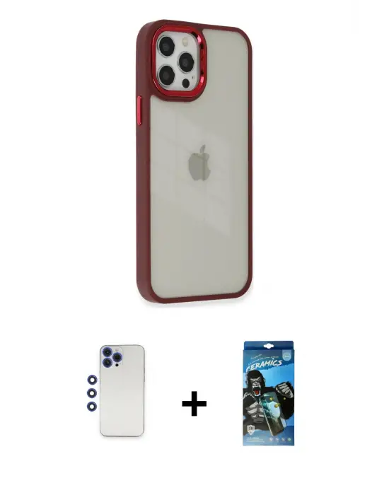ieg™ iPhone 12 Pro Max Kılıf Eksen Doku Prime - Siyah 34D Izgaralı Cam + Shine Kamera Lens - LT