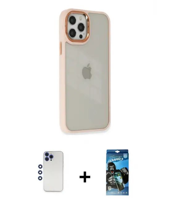 ieg™ iPhone 12 Pro Max Kılıf Eksen Doku Prime - Siyah 34D Izgaralı Cam + Shine Kamera Lens - LT