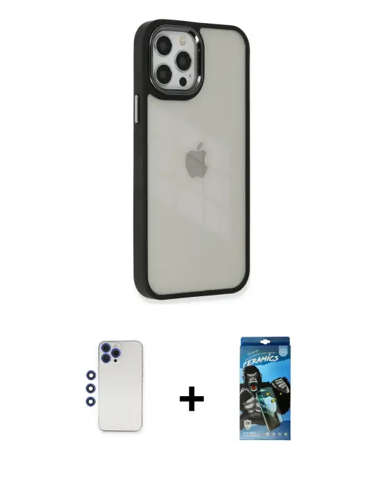 ieg™ iPhone 12 Pro Max Kılıf Eksen Doku Prime - Siyah 34D Izgaralı Cam + Shine Kamera Lens - LT