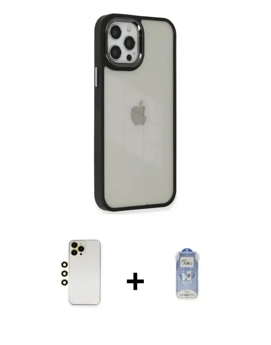 ieg™ iPhone 12 Pro Max Kılıf Eksen Doku Prime - Siyah Joko Magic 5D Cam + Shine Kamera Lens - GD
