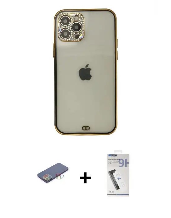 ieg™ iPhone 12 Pro Max Kılıf Eksen Minimal Koleksiyonu - Şeffaf Uv Polymer Nano Ekran Koruyucu + Renkli Kamera Lens Koruma Cam - MI