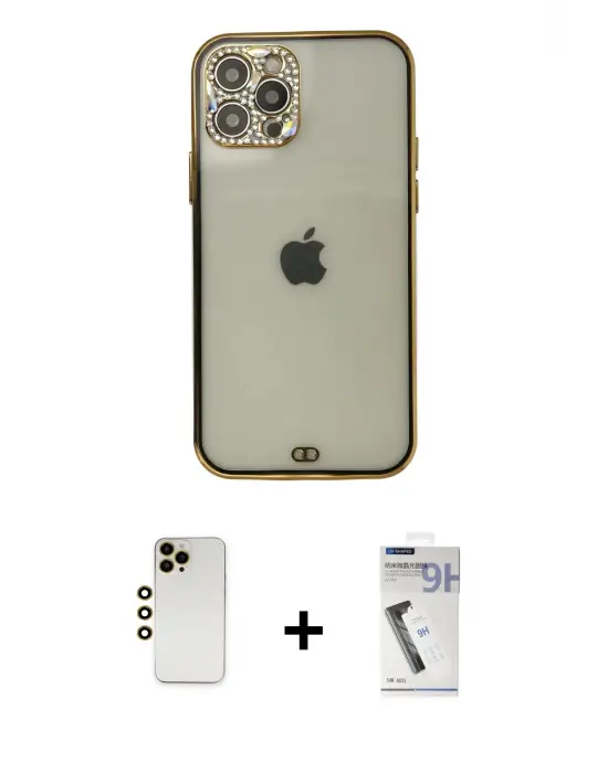 ieg™ iPhone 12 Pro Max Kılıf Eksen Minimal Koleksiyonu - Şeffaf Uv Polymer Nano Ekran Koruyucu + Shine Kamera Lens - GD