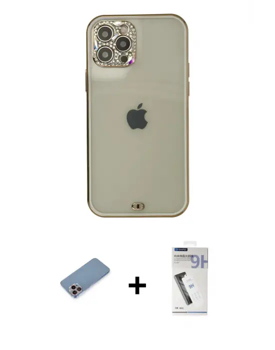 ieg™ iPhone 12 Pro Max Kılıf Eksen Minimal Koleksiyonu - Şeffaf Uv Polymer Nano Ekran Koruyucu + Shine Kamera Lens Koruma Cam - PE