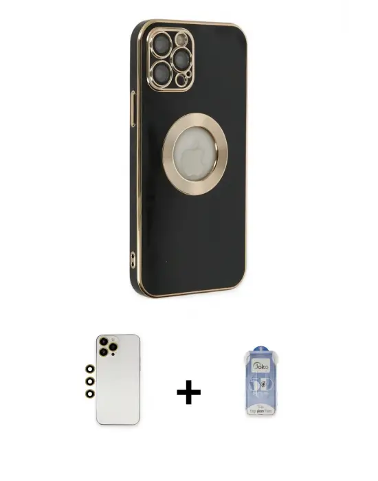 ieg™ iPhone 12 Pro Max Kılıf İz Form Serisi - Siyah Joko Magic 5D Cam + Shine Kamera Lens - GD
