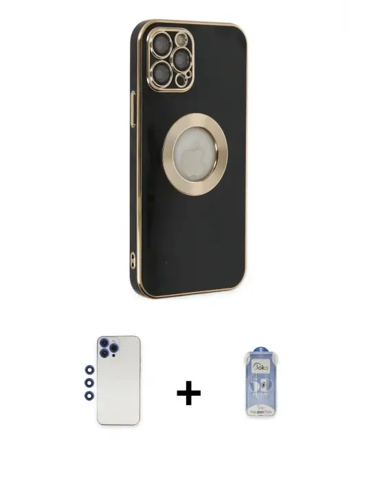 ieg™ iPhone 12 Pro Max Kılıf İz Form Serisi - Siyah Joko Magic 5D Cam + Shine Kamera Lens - LT