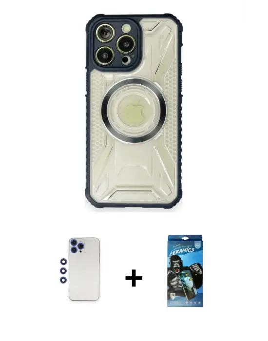 ieg™ iPhone 12 Pro Max Kılıf Kutup Modern - Siyah 34D Izgaralı Cam + Shine Kamera Lens - LT