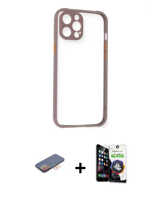 ieg™ iPhone 12 Pro Max Kılıf Nova Asil Özel Seri - Şeffaf Temperli Cam Ekran Koruyucu + Renkli Kamera Lens Koruma Cam - TU