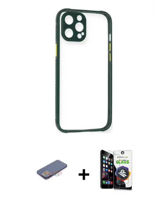 ieg™ iPhone 12 Pro Max Kılıf Nova Asil Özel Seri - Şeffaf Temperli Cam Ekran Koruyucu + Renkli Kamera Lens Koruma Cam - PE