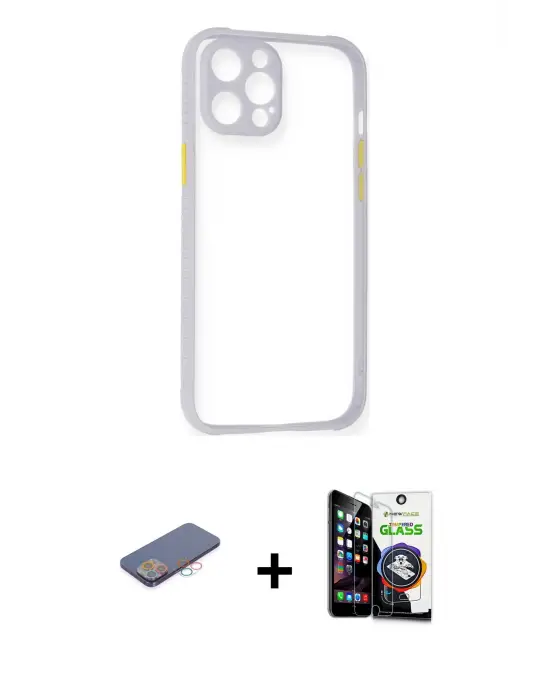 ieg™ iPhone 12 Pro Max Kılıf Nova Asil Özel Seri - Şeffaf Temperli Cam Ekran Koruyucu + Renkli Kamera Lens Koruma Cam - PE