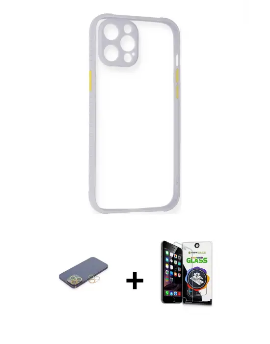 ieg™ iPhone 12 Pro Max Kılıf Nova Asil Özel Seri - Şeffaf Temperli Cam Ekran Koruyucu + Renkli Kamera Lens Koruma Cam - SI