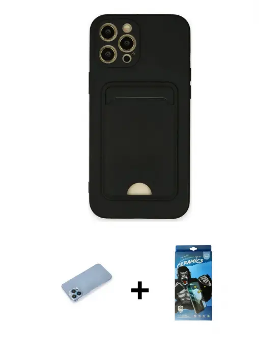 ieg™ iPhone 12 Pro Max Kılıf Vadi Çizgi Prime - Siyah 34D Izgaralı Cam + Shine Kamera Lens Koruma Cam - MI