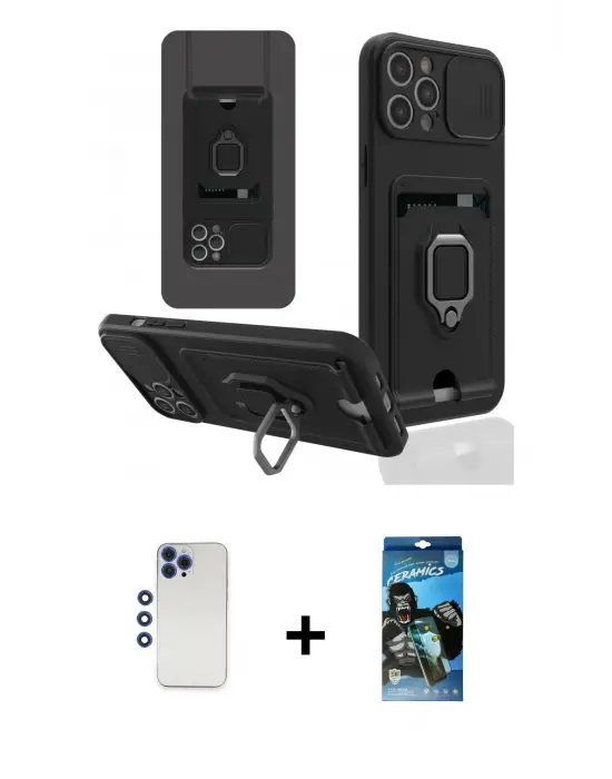 ieg™ iPhone 12 Pro Max Kılıf Vadi Form Prime - Siyah 34D Izgaralı Cam + Shine Kamera Lens - LT