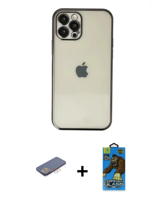 ieg™ iPhone 12 Pro Max Kılıf Vadi Minimal - Siyah 18D Cam Ekran Koruyucu + Renkli Kamera Lens Koruma Cam - PE