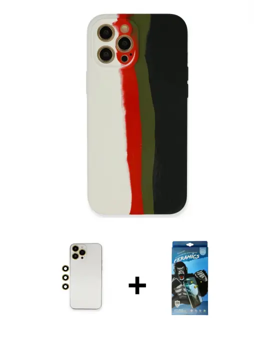 ieg™ iPhone 12 Pro Max Kılıf Yadigar Çizgi - Siyah 34D Izgaralı Cam + Shine Kamera Lens - GD
