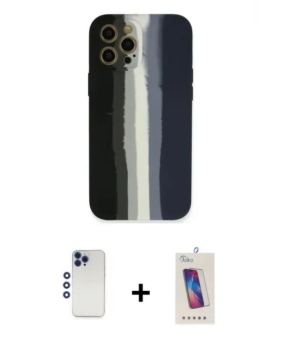ieg™ iPhone 12 Pro Max Kılıf Yadigar Çizgi - Siyah Joko 5D Cam + Shine Kamera Lens - LT