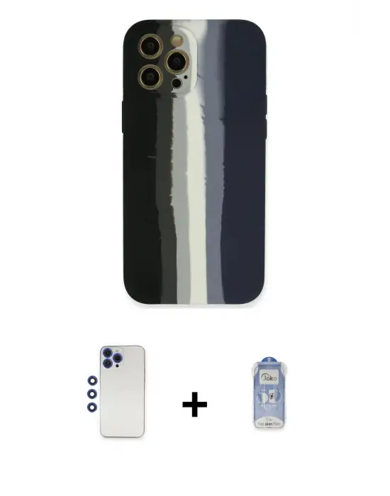 ieg™ iPhone 12 Pro Max Kılıf Yadigar Çizgi - Siyah Joko Magic 5D Cam + Shine Kamera Lens - LT