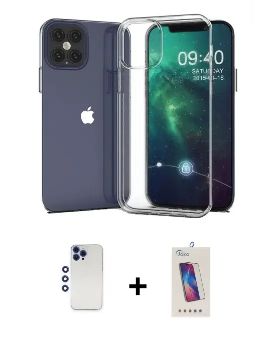 ieg™ iPhone 12 Pro Max Kılıf Zirve Doku - Siyah Joko 5D Cam + Shine Kamera Lens - LT