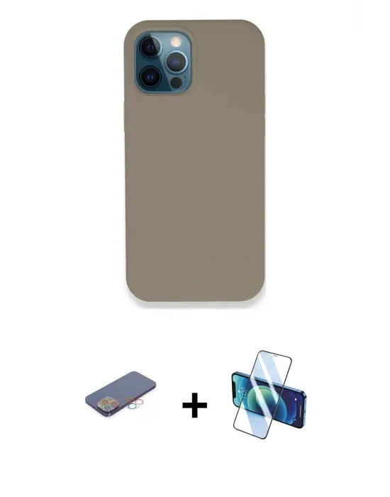 ieg™ iPhone 12 Pro Max Kılıf Zirve Modern Özel Seri - Siyah 3D Antistatik Cam Ekran Koruyucu + Renkli Kamera Lens Koruma Cam - PE