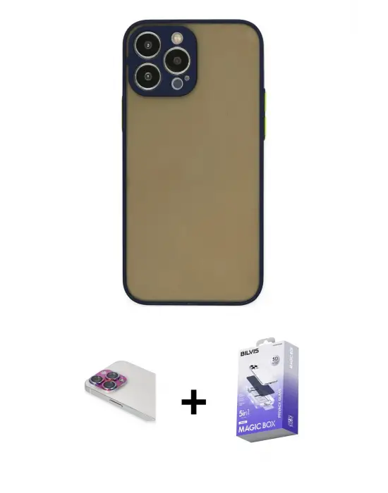 ieg™ iPhone 13 Pro Max Kılıf Ahenk Çizgi Serisi - Siyah Bilvis 5in1 5D Magic Hayalet Cam Ekran Koruyucu + Pers Alüminyum Kamera Lens - GI
