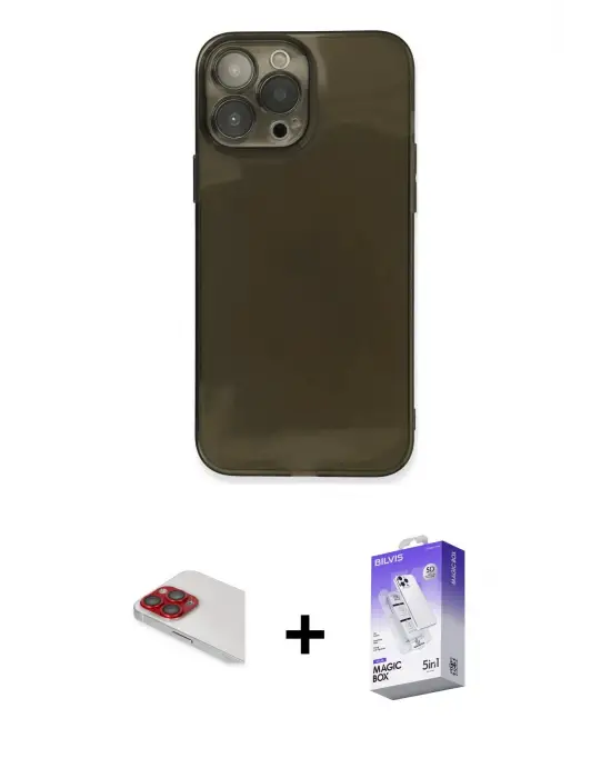 ieg™ iPhone 13 Pro Max Kılıf Ahenk Doku - Siyah Bilvis 5in1 3D Magic Cam Ekran Koruyucu + Pers Alüminyum Kamera Lens - KI