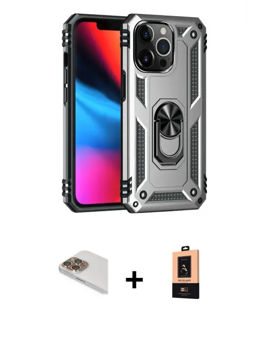 ieg™ iPhone 13 Pro Max Kılıf Ahenk Klasik Koleksiyonu - Şeffaf Maxco Cam Ekran Koruyucu + Pers Alüminyum Kamera Lens - GD