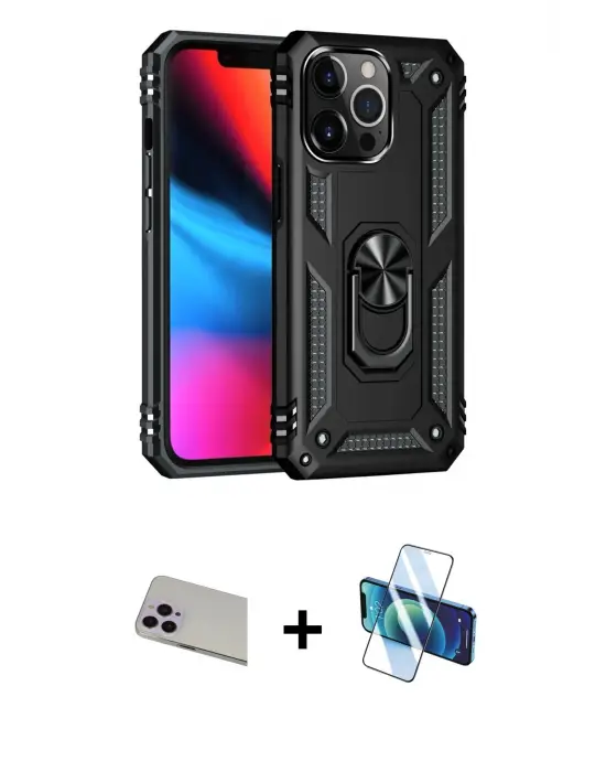 ieg™ iPhone 13 Pro Max Kılıf Ahenk Klasik Koleksiyonu - Siyah 3D Antistatik Cam Ekran Koruyucu + Rainbow Kamera Lens Koruma Cam - MR