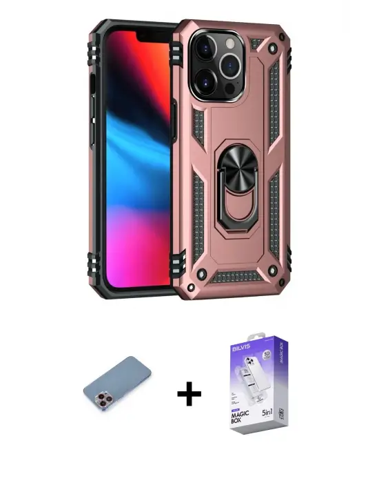 ieg™ iPhone 13 Pro Max Kılıf Ahenk Klasik Koleksiyonu - Siyah Bilvis 5in1 3D Magic Cam Ekran Koruyucu + Shine Kamera Lens Koruma Cam - PE