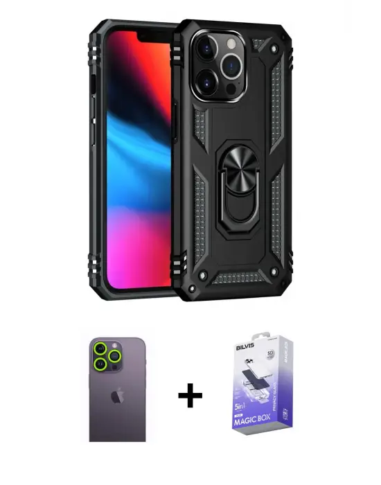 ieg™ iPhone 13 Pro Max Kılıf Ahenk Klasik Koleksiyonu - Siyah Bilvis 5in1 5D Magic Hayalet Cam Ekran Koruyucu + Neon Fosforlu Kamera Lens - YL