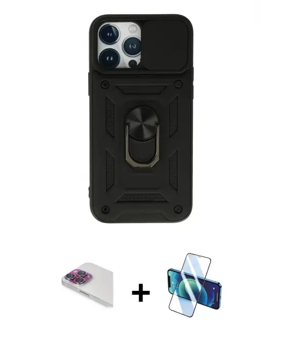 ieg™ iPhone 13 Pro Max Kılıf Ahenk Klasik - Siyah 3D Antistatik Cam Ekran Koruyucu + Pers Alüminyum Kamera Lens - GI