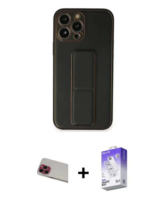 ieg™ iPhone 13 Pro Max Kılıf Akış Doku - Siyah Bilvis 5in1 3D Magic Cam Ekran Koruyucu + Rainbow Kamera Lens Koruma Cam - KI