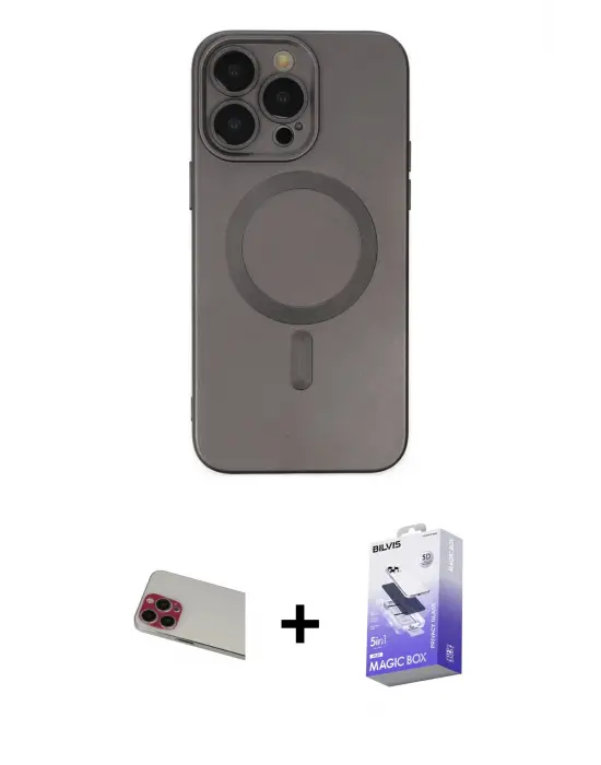 ieg™ iPhone 13 Pro Max Kılıf Akış Minimal Özel Seri - Siyah Bilvis 5in1 5D Magic Hayalet Cam Ekran Koruyucu + Rainbow Kamera Lens Koruma Cam - KI